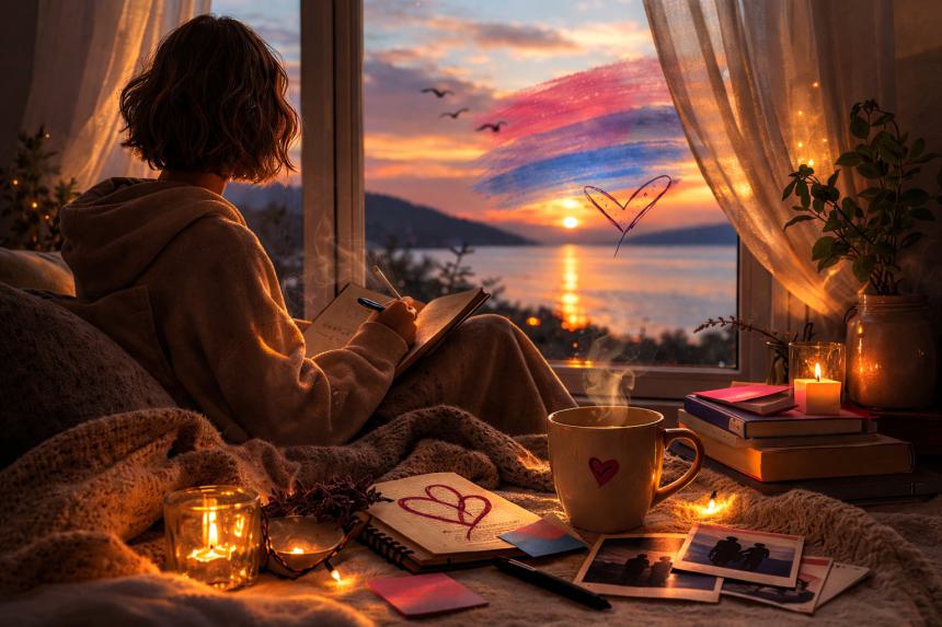 Cozy sunset scene of a person journaling by the window, symbolizing self-acceptance and personal growth.