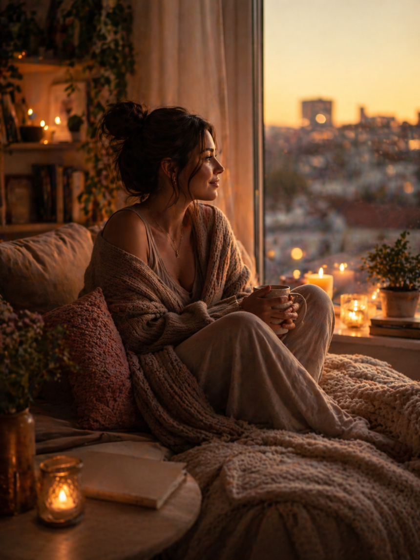Woman writing quietly by a sunlit window, reflecting in a calm and personal moment
