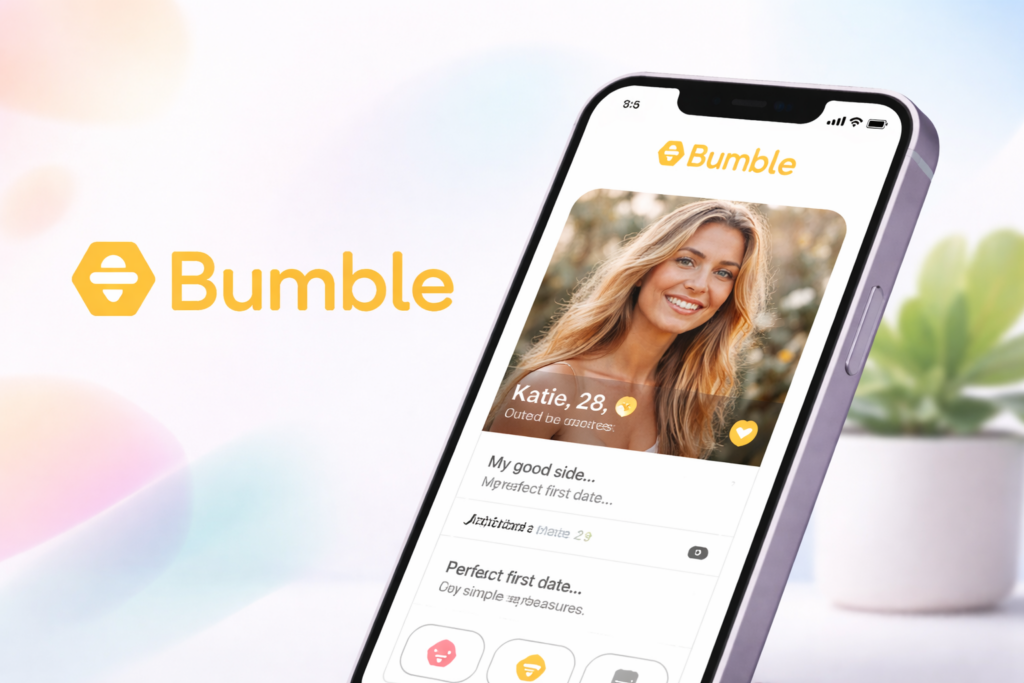 Bumble dating app interface shown on a smartphone, reviewed for bi-friendly inclusivity and safety