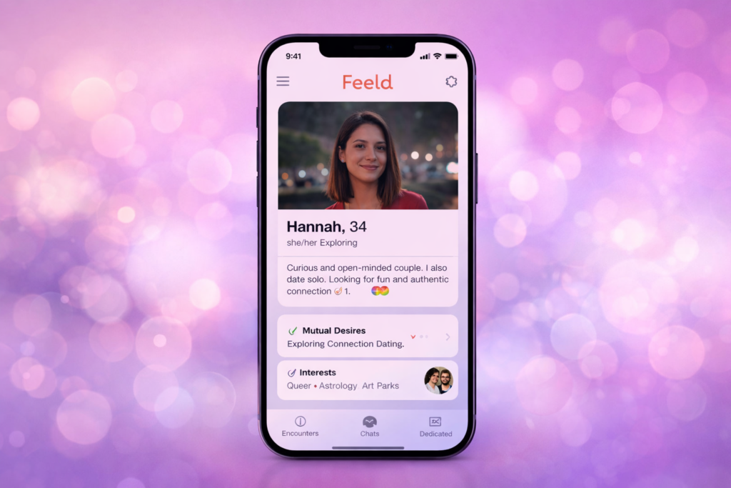 Feeld dating app interface shown on smartphone screen