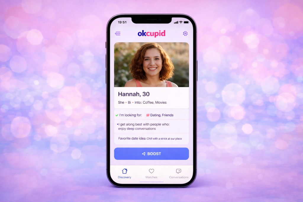 OkCupid dating app interface shown on smartphone screen