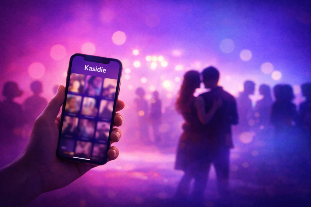 Kasidie dating app interface shown on a smartphone during a nightlife social setting
