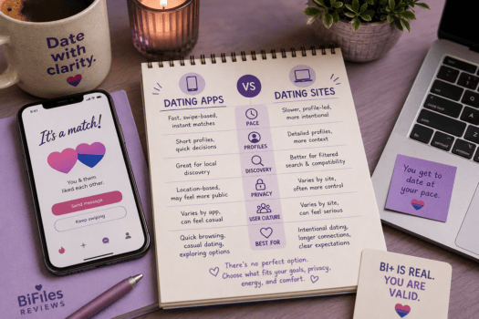Dating apps vs dating sites comparison checklist for bisexual people on a calm purple desk.