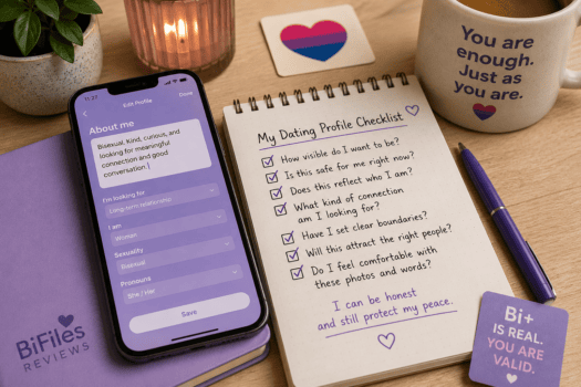 Bisexual dating profile checklist on a desk with a phone, focused on privacy, visibility, safety, and boundaries.