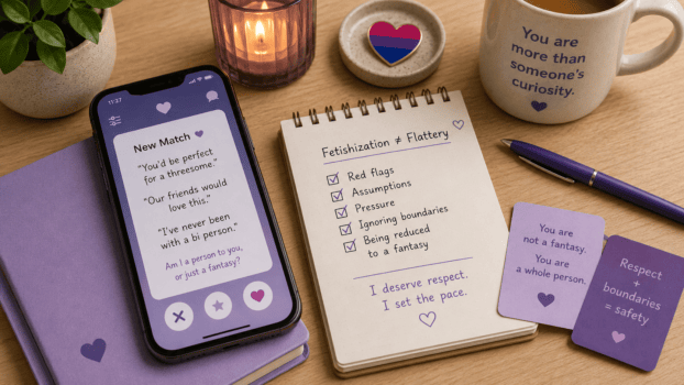 Bisexual fetishization dating app red flags shown as a phone and boundary checklist on a calm purple desk.