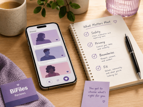 A phone and checklist on a desk, representing how to choose a bi-friendly dating app with safety, privacy, and boundaries in mind.