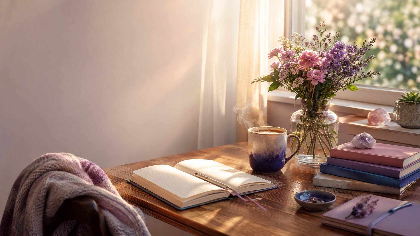 Writing desk for personal stories with an open journal, coffee cup, flowers, and warm sunlight