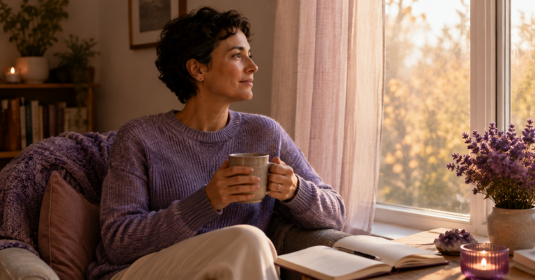 A reflective bisexual person sitting quietly by a window with a mug and journal, representing coming out quietly and self-acceptance.