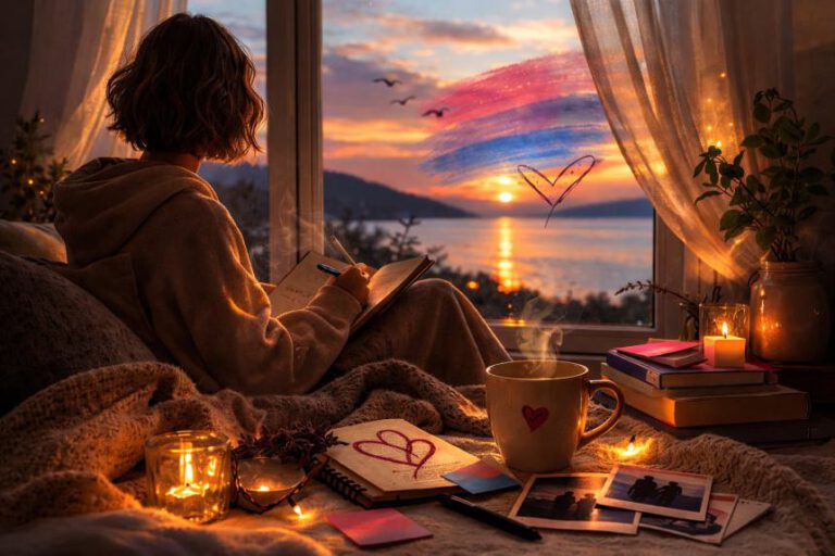 Person journaling by a window at sunset, reflecting on bisexual self-acceptance and personal growth
