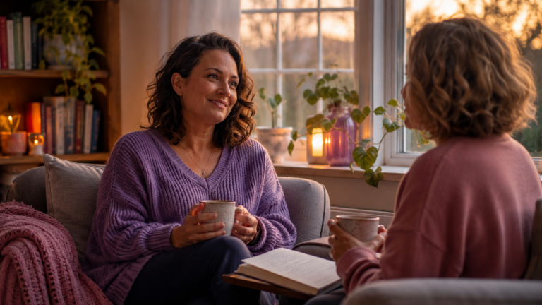 Two people sitting in a calm room near a window, representing safe talking about being bi and feeling heard.