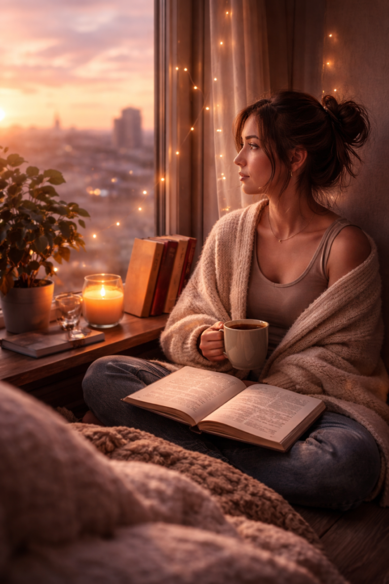 Person sitting quietly by a window with a notebook, reflecting on self-acceptance and bisexual identity