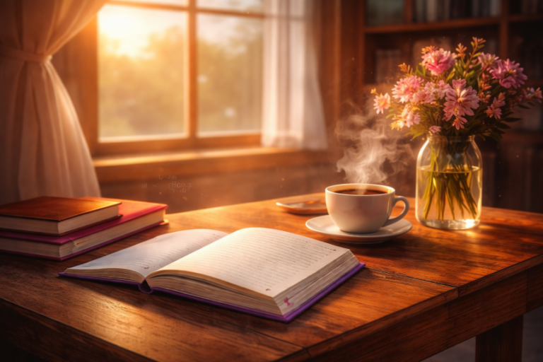 Warm sunlit writing desk with an open journal, coffee cup, and flowers, representing BiFiles Community Stories