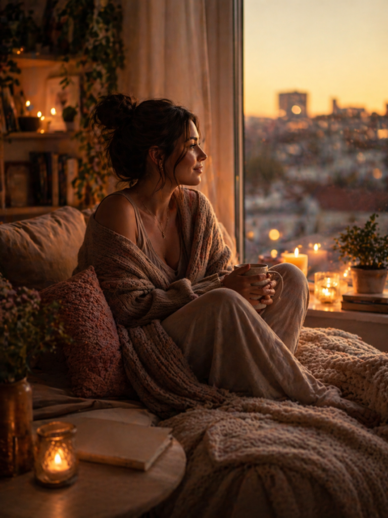 Woman sitting quietly by a window at sunset, holding a mug and reflecting on no longer needing to explain everything