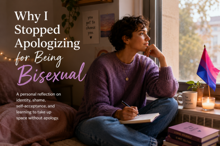 Person sitting by a window with a notebook, reflecting on identity and self-acceptance for the BiFiles Community Stories article Why I Stopped Apologizing for Being Bisexual.