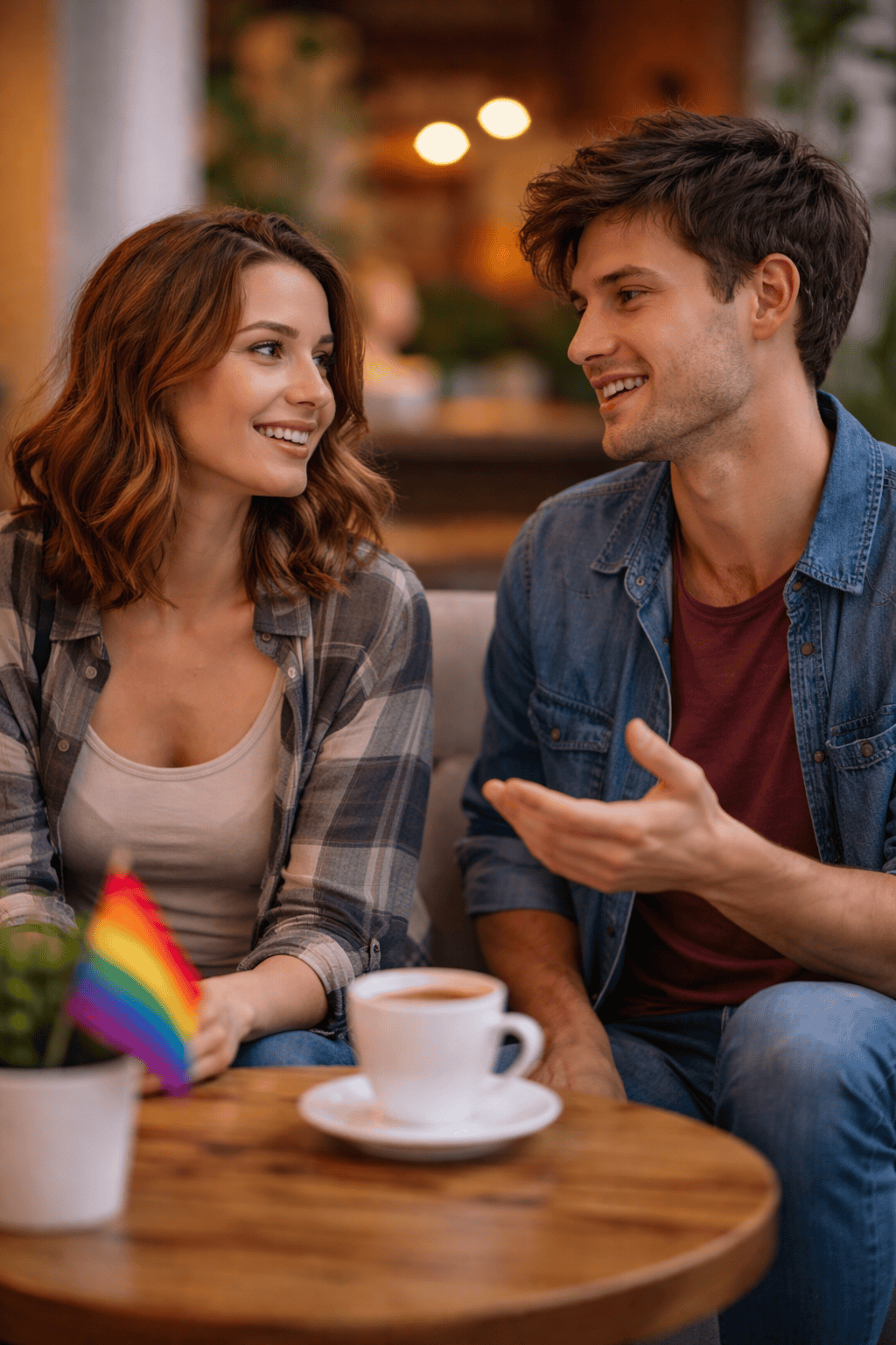Bisexual man and woman having a conversation in a relaxed setting, representing different experiences and perspectives