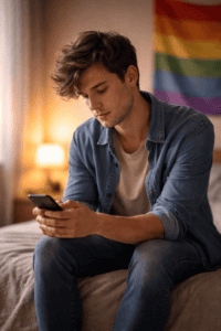 Young man sitting on a bed looking at his phone while reflecting on coming out as bisexual