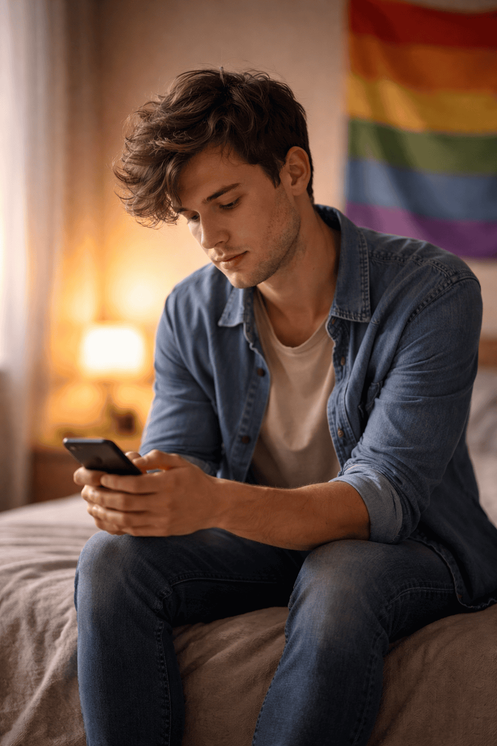 Young man sitting on a bed looking at his phone while reflecting on coming out as bisexual