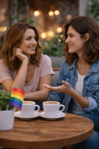 Two women talking and smiling in a cozy café setting, representing dating and connection as a bisexual woman