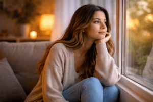 Person reflecting on their identity in a calm and safe environment