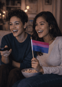 Two young adults watching TV together with a bisexual pride flag, representing positive bisexual representation in media