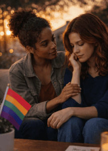 Two women sitting together in a supportive moment, representing the emotional experience of coming out as bisexual twice
