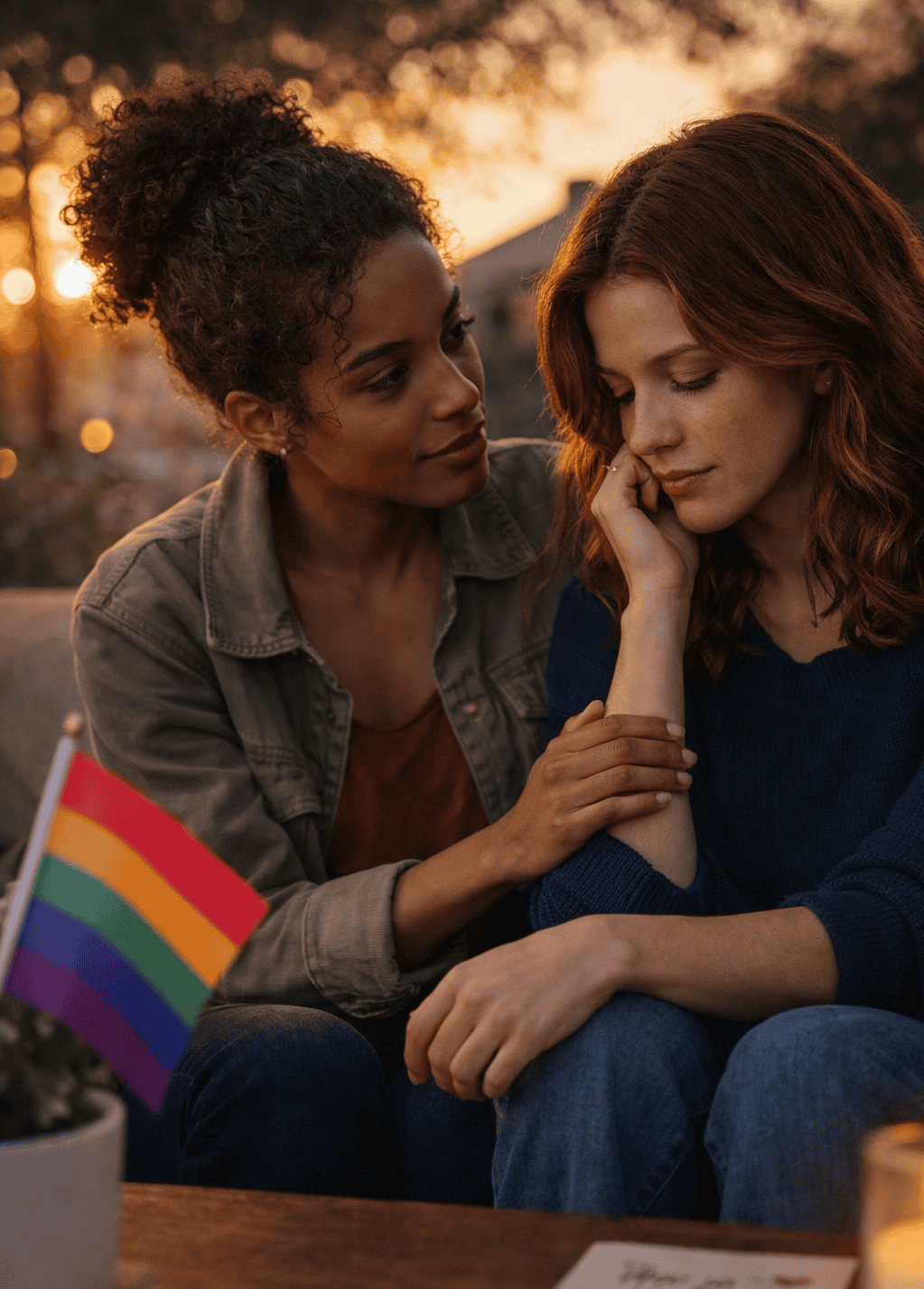 Two women sitting together in a supportive moment, representing the emotional experience of coming out as bisexual twice