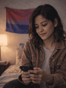 Young woman sitting on a bed looking at her phone with a bisexual pride flag in the background, reflecting on whether she might be bisexual