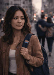 Young woman walking through a city with a bisexual pride pin, reflecting on navigating bisexuality in a monosexual world