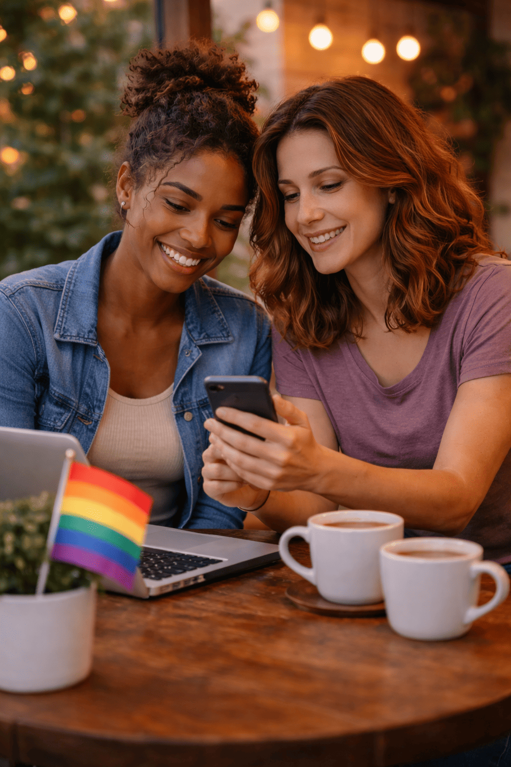 Two women smiling together while connecting with an online bisexual community on their phone and laptop