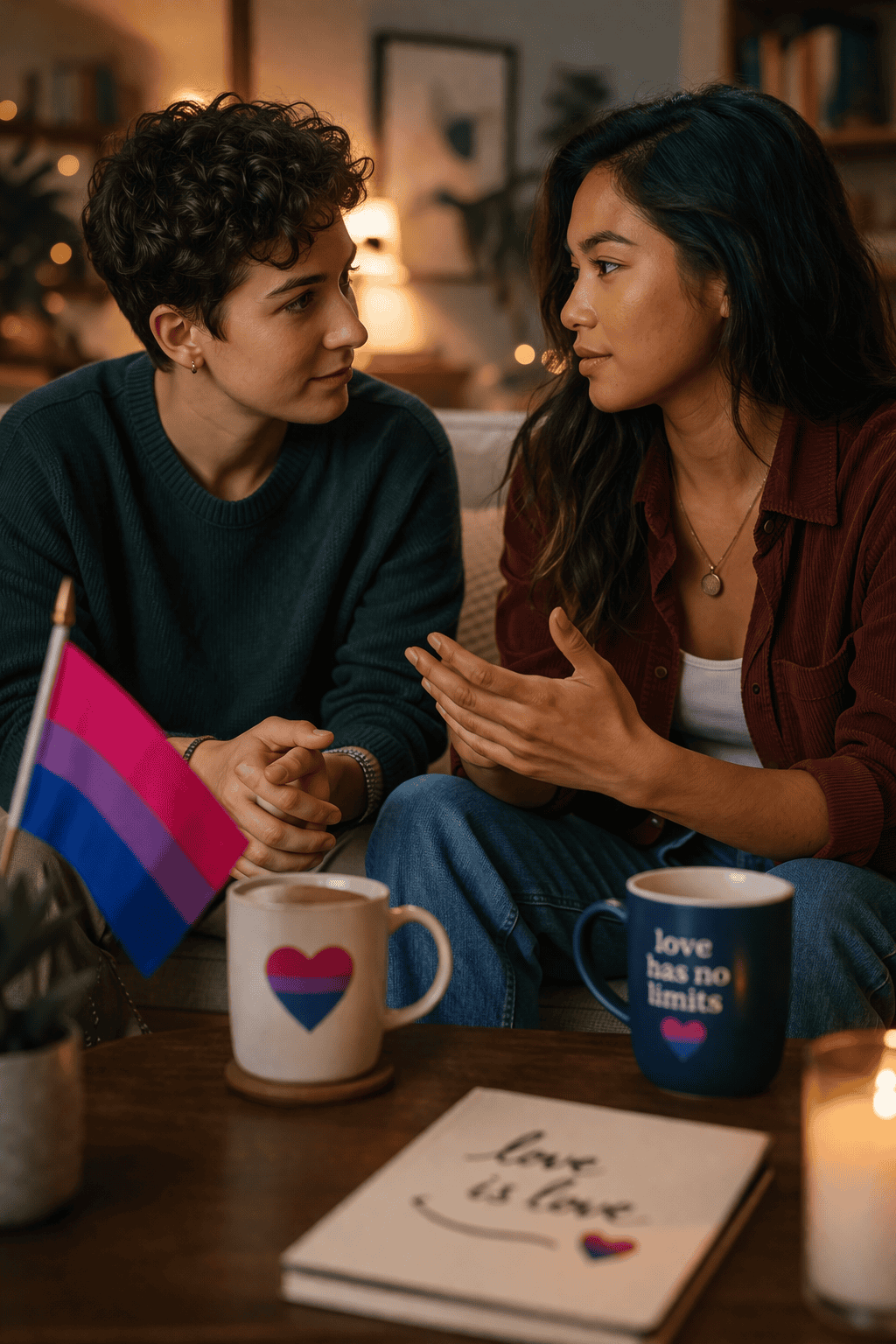 A couple having an open and honest conversation about bisexuality and relationships in a warm setting