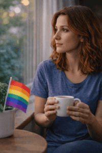 Young woman looking thoughtful while holding a coffee, reflecting on bisexual identity and what the label means