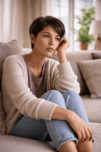 Young person sitting on a sofa and questioning their bisexual identity