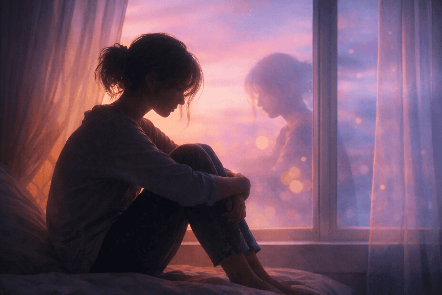 Young person sitting by a window thinking about their sexuality and feelings