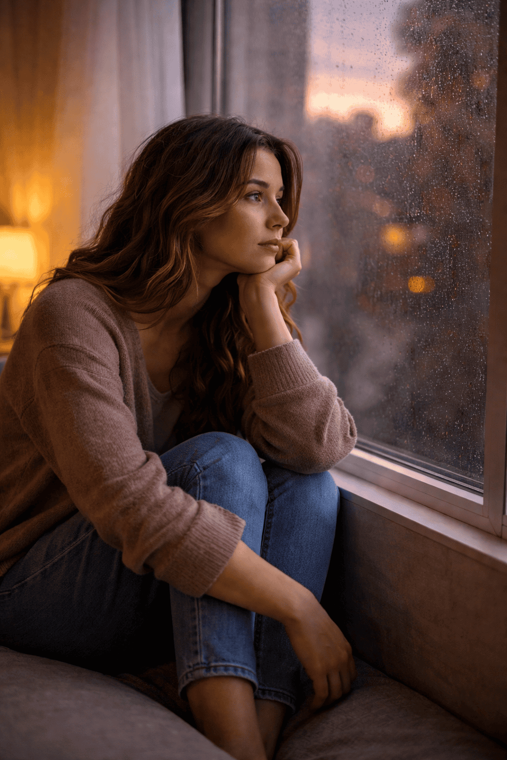 Woman reflecting by a window while feeling not bi enough