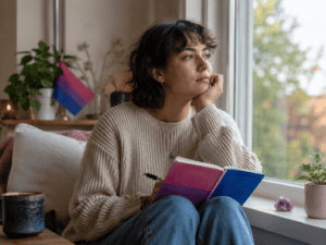Thoughtful person sitting by a window with a bisexual pride notebook, reflecting on changing attraction and identity