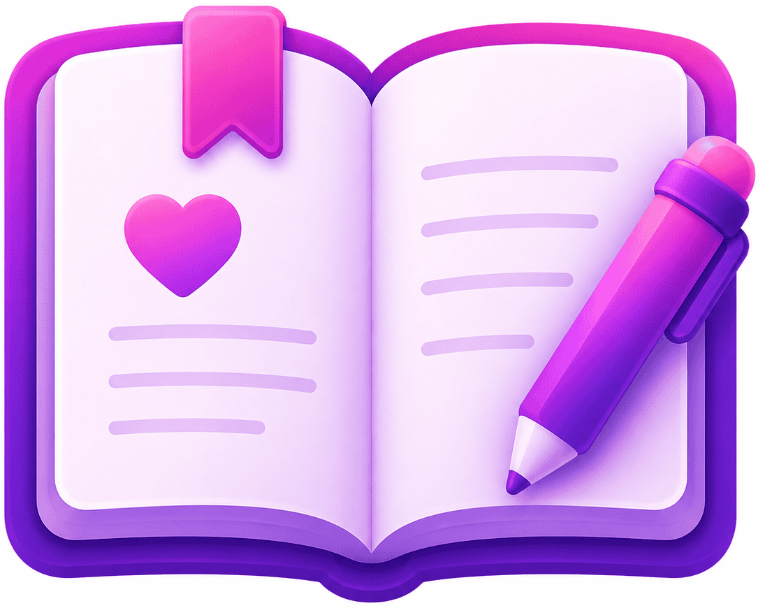 Alt: Community Stories icon with an open book, heart, and pen for personal reflections on BiFiles
