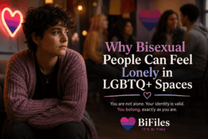 A thoughtful bisexual person feeling lonely in an LGBTQ+ community space, representing bisexual invisibility and belonging.