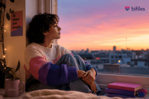Person reflecting by a window on bisexual identity beyond simple labels.
