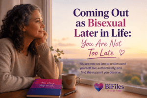 A thoughtful middle-aged woman by a window, representing coming out as bisexual later in life.