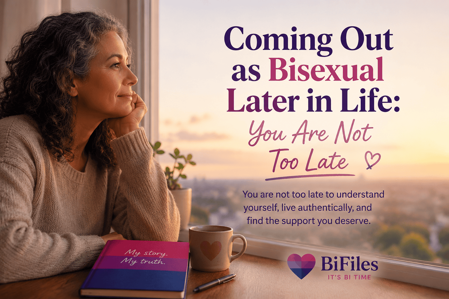 A thoughtful middle-aged woman by a window, representing coming out as bisexual later in life.