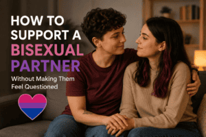A supportive couple sitting together, representing how to support a bisexual partner with trust and respect.