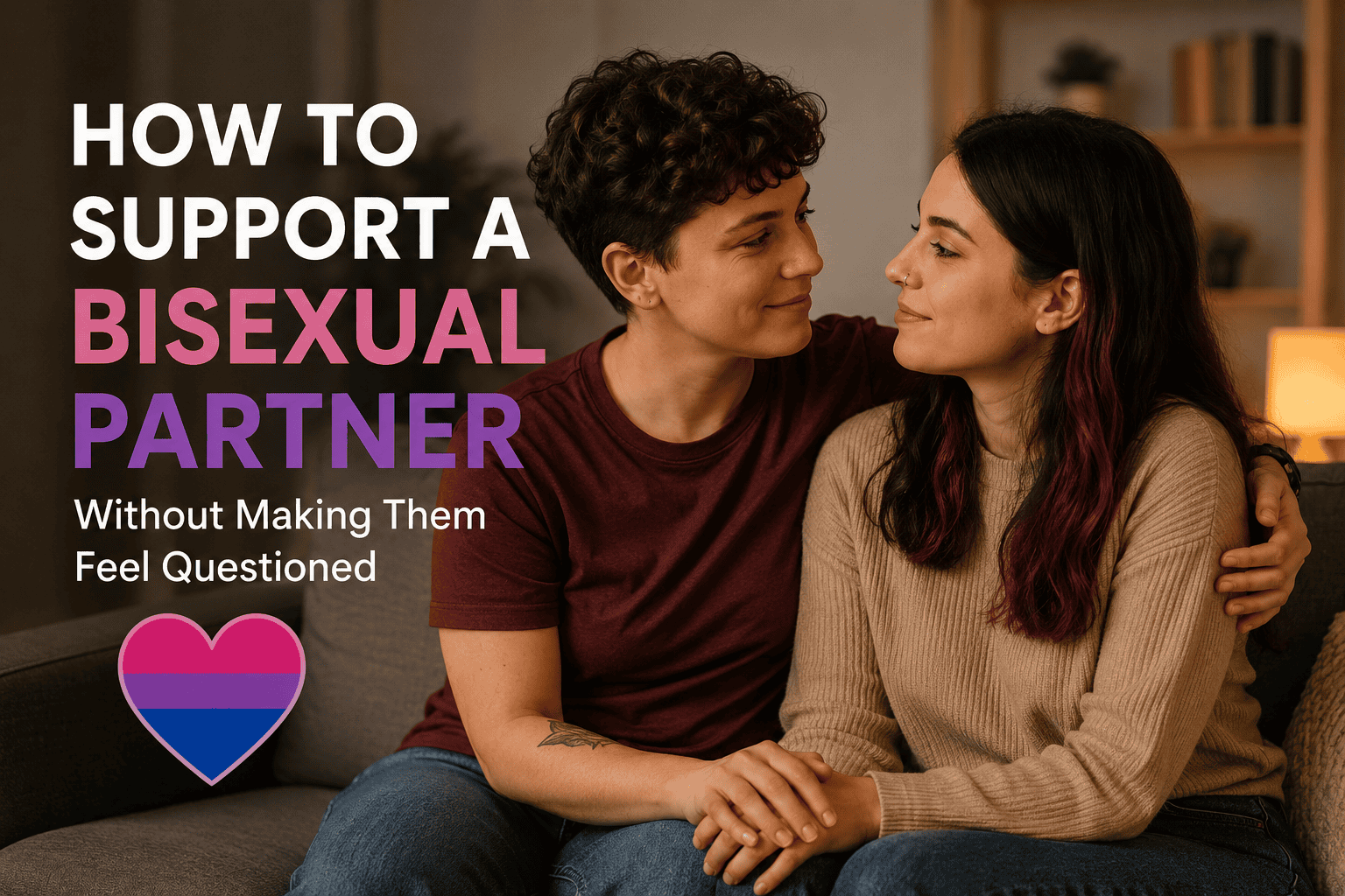 A supportive couple sitting together, representing how to support a bisexual partner with trust and respect.