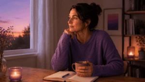 A thoughtful adult sitting by a window with a notebook, reflecting calmly on whether to come out as bisexual.