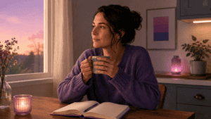 A married adult sitting quietly with a notebook, reflecting on bisexual identity in a calm purple-toned room.