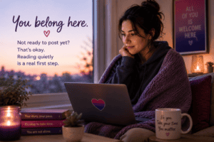 A person sitting quietly with a laptop in a warm room, reflecting on belonging in a bisexual community before feeling ready to post.