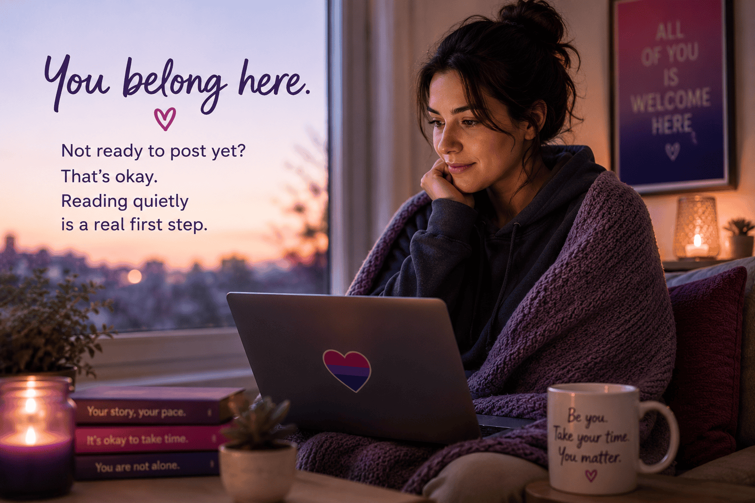 A person sitting quietly with a laptop in a warm room, reflecting on belonging in a bisexual community before feeling ready to post.