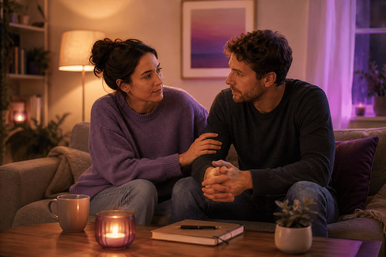 A couple sitting together in a warm living room, having a calm and supportive conversation after one partner came out as bisexual.