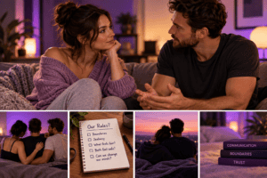 A couple talking about relationship rules, jealousy, boundaries and bisexual exploration