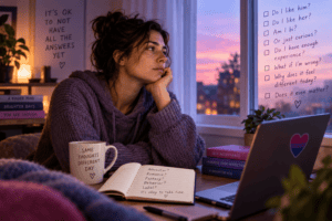 Person reflecting on bisexual identity questions, attraction, uncertainty and mental exhaustion