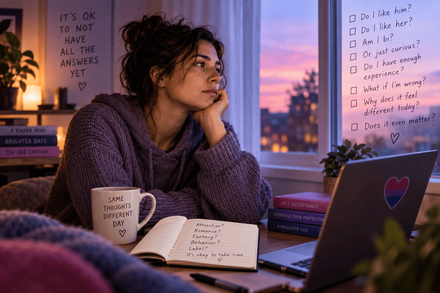 Person reflecting on bisexual identity questions, attraction, uncertainty and mental exhaustion